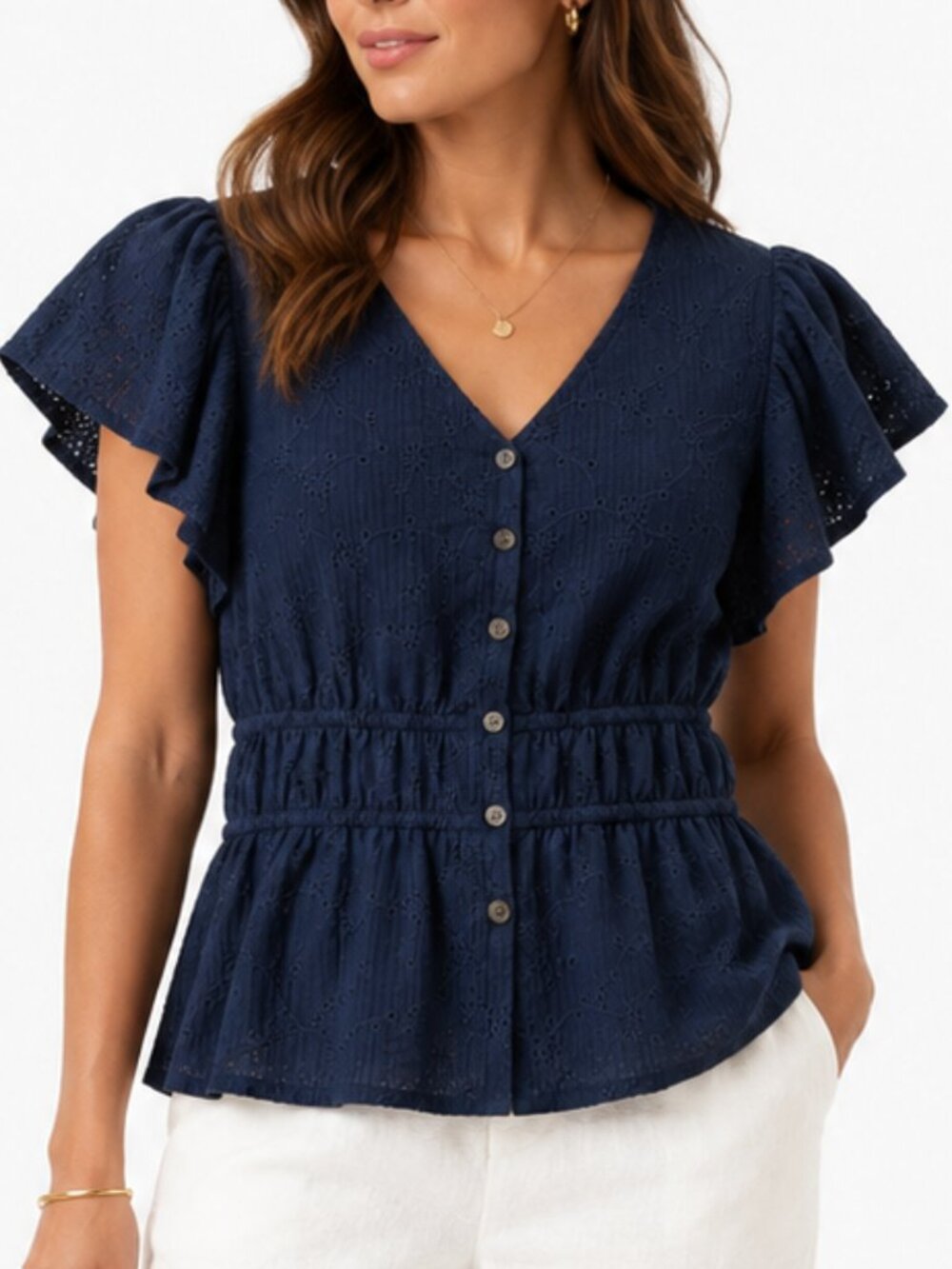 Navy Eyelet Peplum Blouse Flutter Sleeve Size M(8/10)